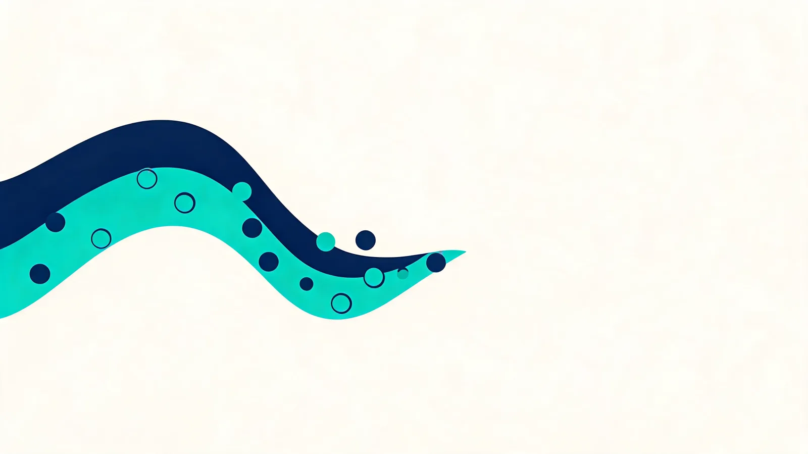 Geometric illustration of flowing teal ribbon waves carrying coin-like discs