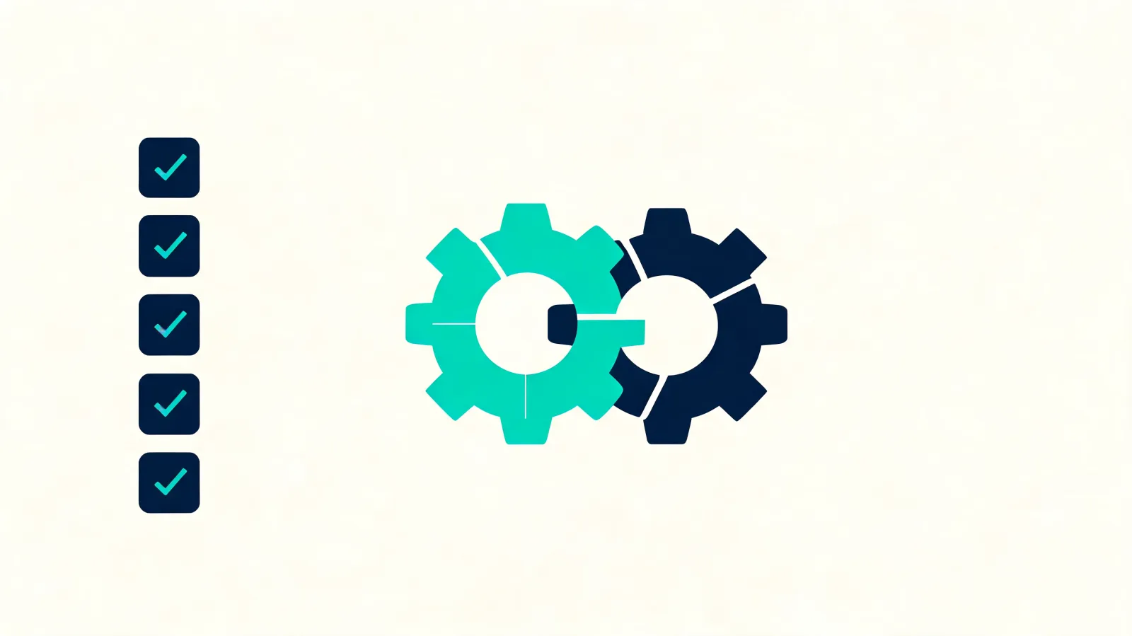 Geometric illustration of interlocking gears and a checklist in teal and navy