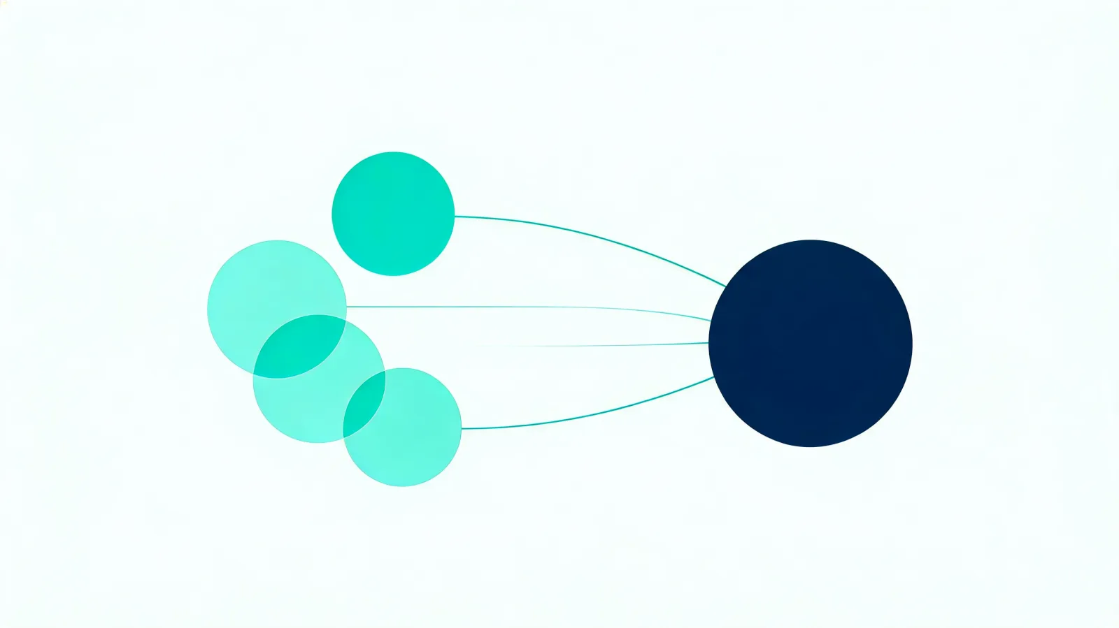 Geometric illustration of overlapping circles merging into one in teal and navy