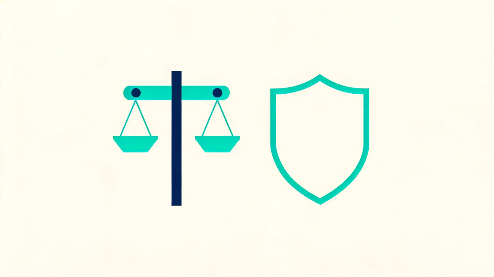 Geometric illustration of a balanced scale and shield in teal and navy