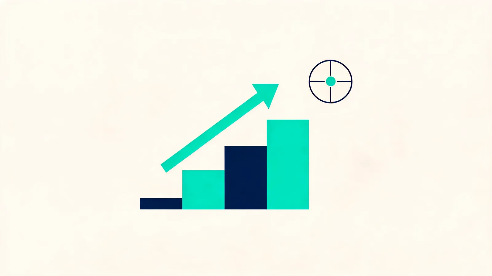 Geometric illustration of ascending blocks with a rising arrow in teal and navy